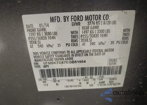 2014 Ford Explorer Xlt из США, поврежденный, VIN 1FM5K7D87EGB51954